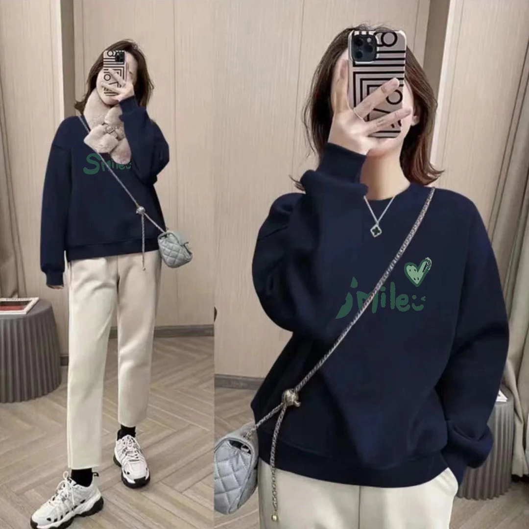 2024长袖圆领卫衣女秋冬季新款韩版时尚大码宽松显瘦套头加绒上衣