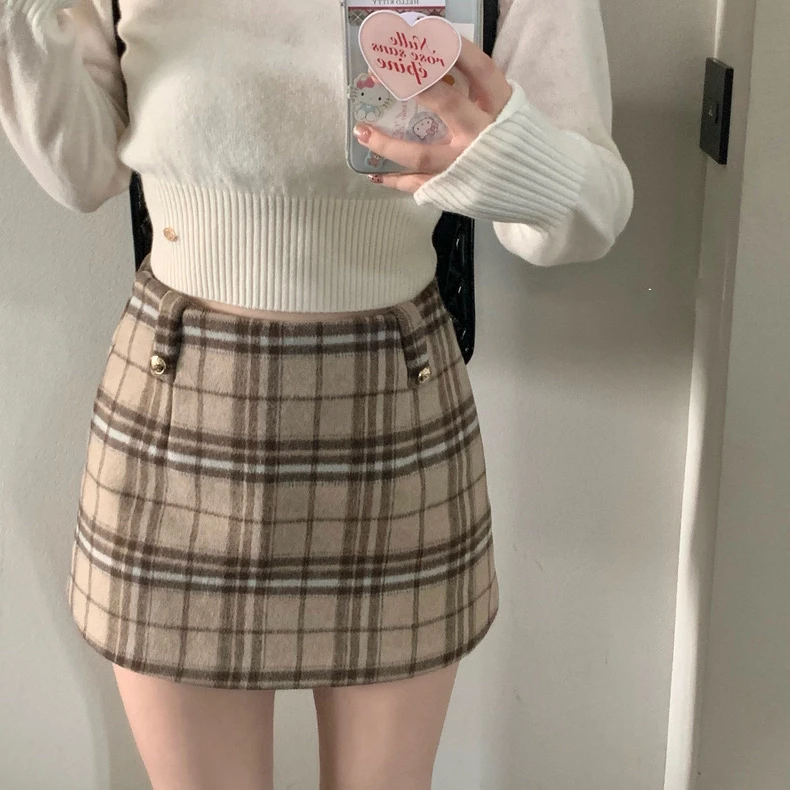2025春季新款高腰毛呢格子半身裙女秋冬显瘦英伦冬日格纹短裙百搭