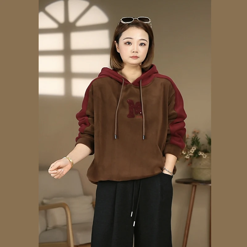 新款刺绣拼色连帽双面绒卫衣休闲宽松秋冬百搭长袖加绒女士上衣