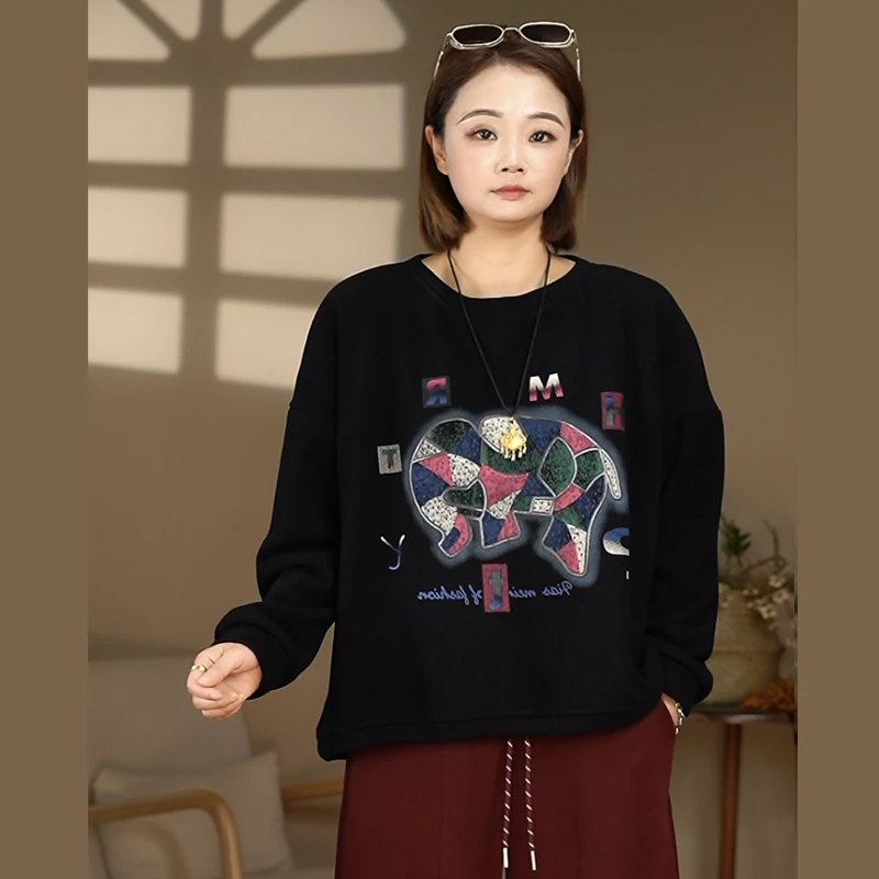 新款大象印花加绒卫衣百搭宽松圆领加厚秋冬设计感休闲长袖上衣女