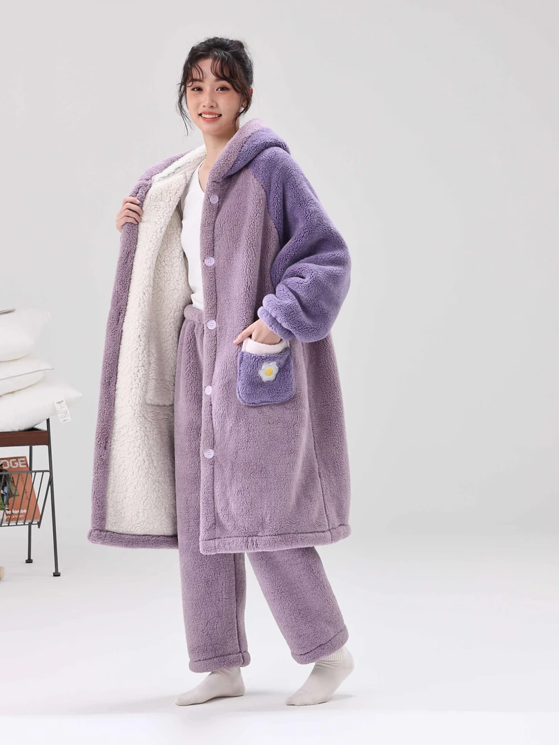 2024爆款双层加厚睡衣冬季时尚舒适连帽冬天外穿家居服男女同款