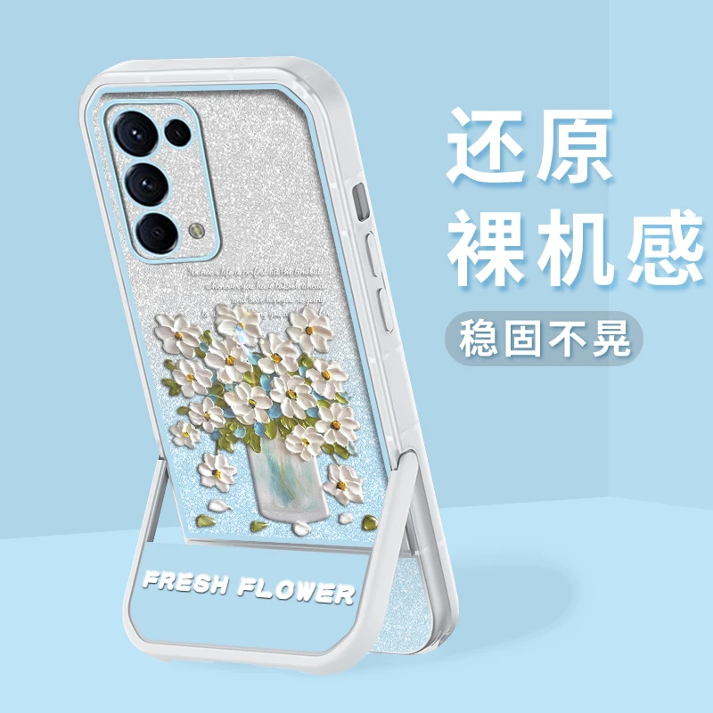 适用OPPO Reno5-5K 支架闪粉油画花半透硅胶软壳全包摄像头