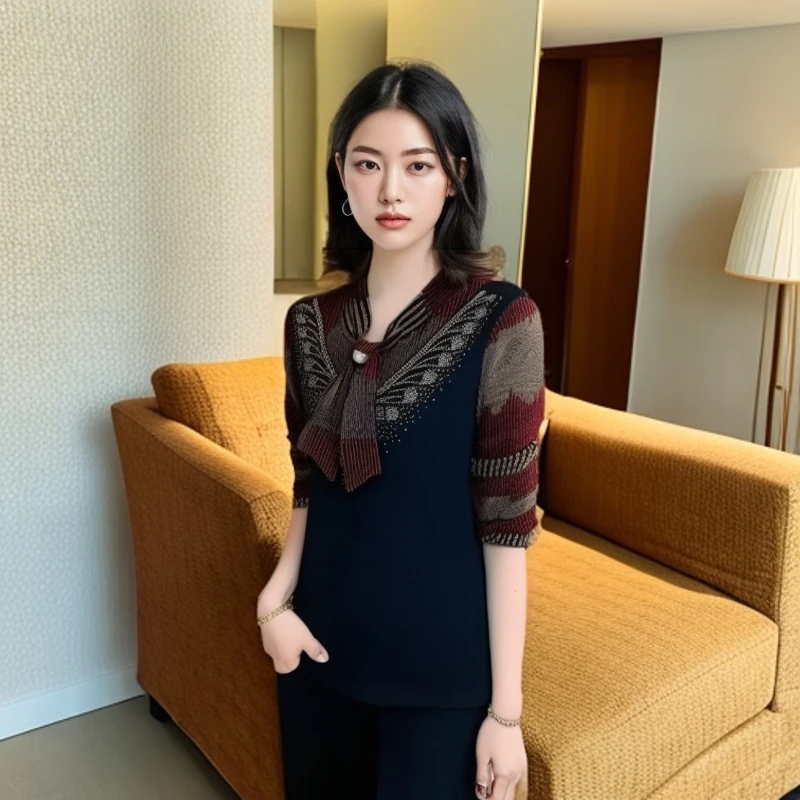 2024秋冬加绒保暖打底衫时尚妈妈装设计感拼色蝴蝶结亮钻百搭小衫