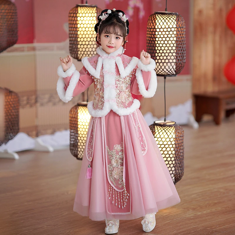 女童汉服冬季国风过年拜年服儿童秋冬裙子加绒加厚古风公主裙冬款
