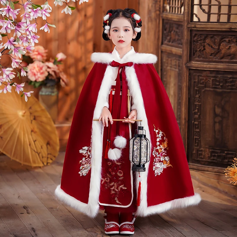 女童汉服冬季加绒加厚唐装拜年服儿童古装连衣裙秋冬装2025新款
