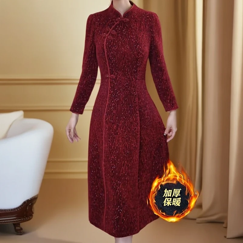 妈妈装高档金貂混纺改良旗袍冬季新款贵气优雅加厚中长款礼服裙