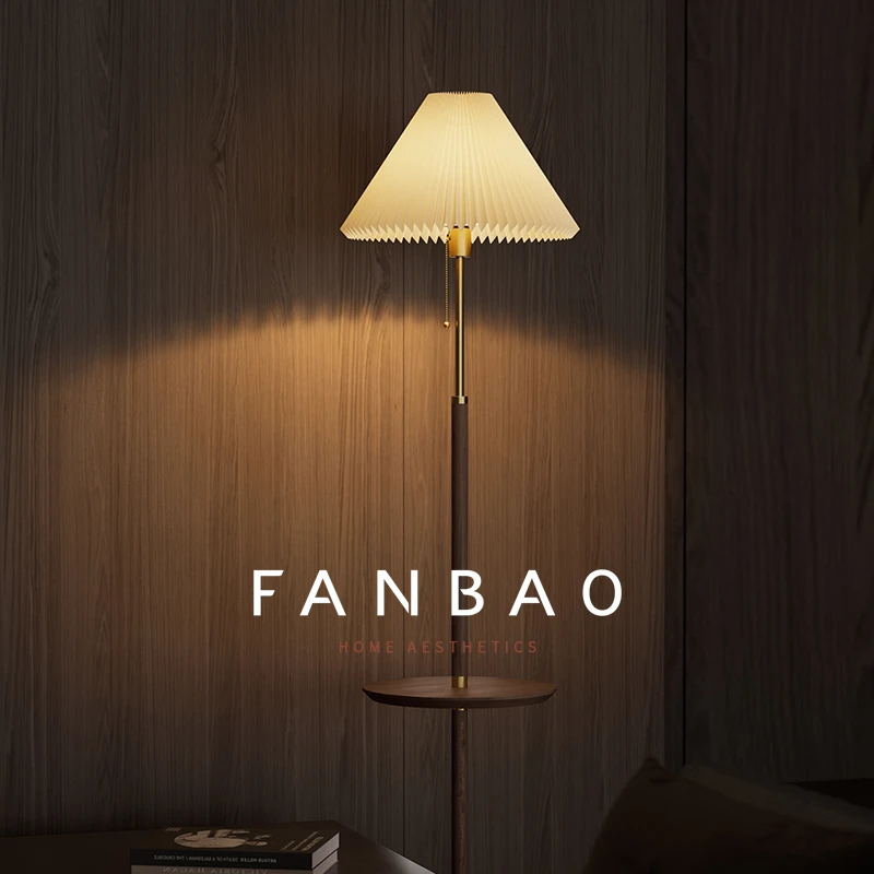 拉链复古百褶落地灯客厅沙发边实木中古风奶油氛围语音床头卧室灯