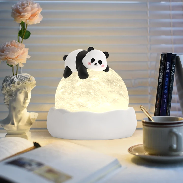 创意床头小夜灯熊猫灯奶油风儿童氛围台灯可爱玉兔3D打印月球台灯