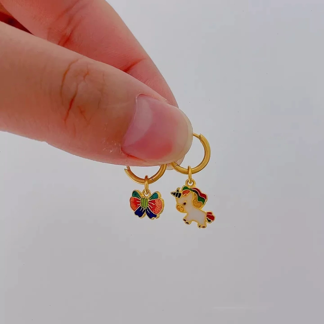 铜合金耳饰 古法烧蓝独角兽蝴蝶结耳环女耳圈不对称耳扣设计复古