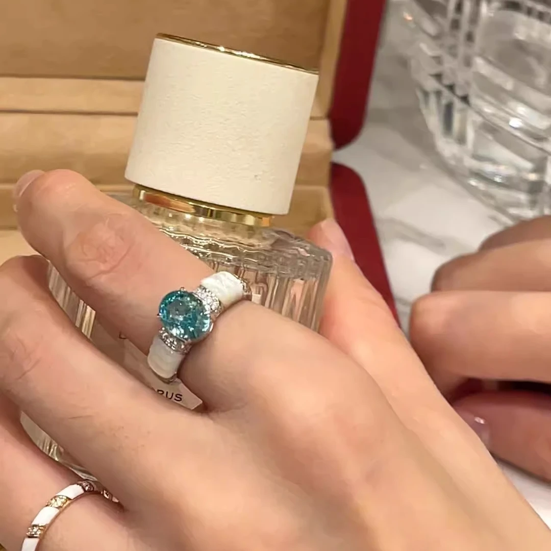 铜合金戒指 蓝色镶嵌锆石可调节戒指轻奢高级感时尚气质小众饰品