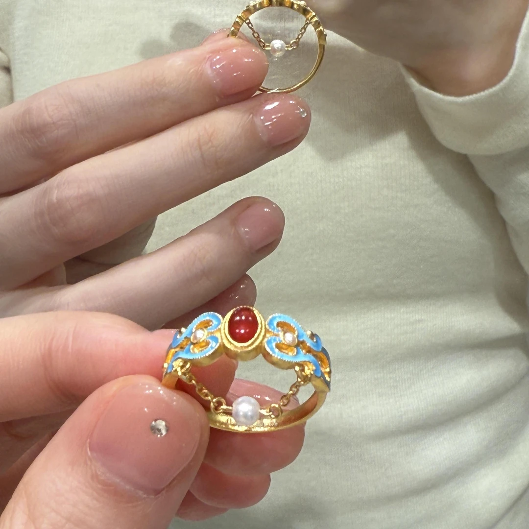 铜合金戒指 有凤来仪戒指精致感仿点翠珐琅彩流苏指环显气质百搭