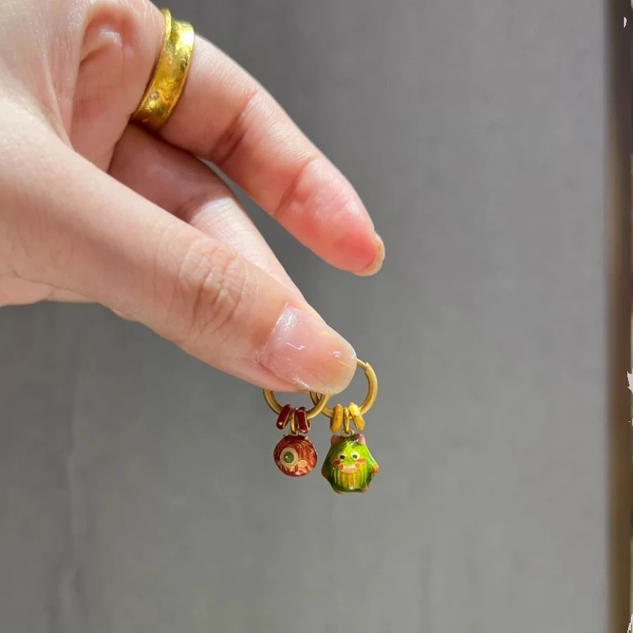 铜合金耳饰 古法烧蓝可爱怪兽耳环女耳圈耳扣呆萌卡通小众高级感