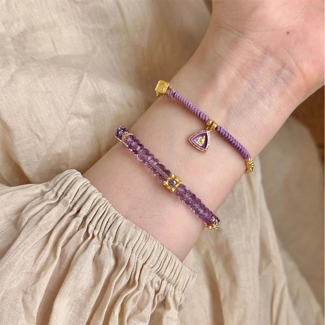 铜合金手链 刻面紫色小盘手串民族风轻奢古法ins风编制手绳百搭