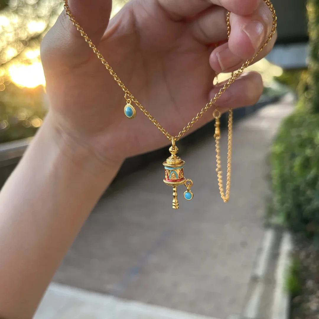 铜合金项链 六字箴言造型项链女轻奢时尚古法烧蓝转运毛衣链百搭