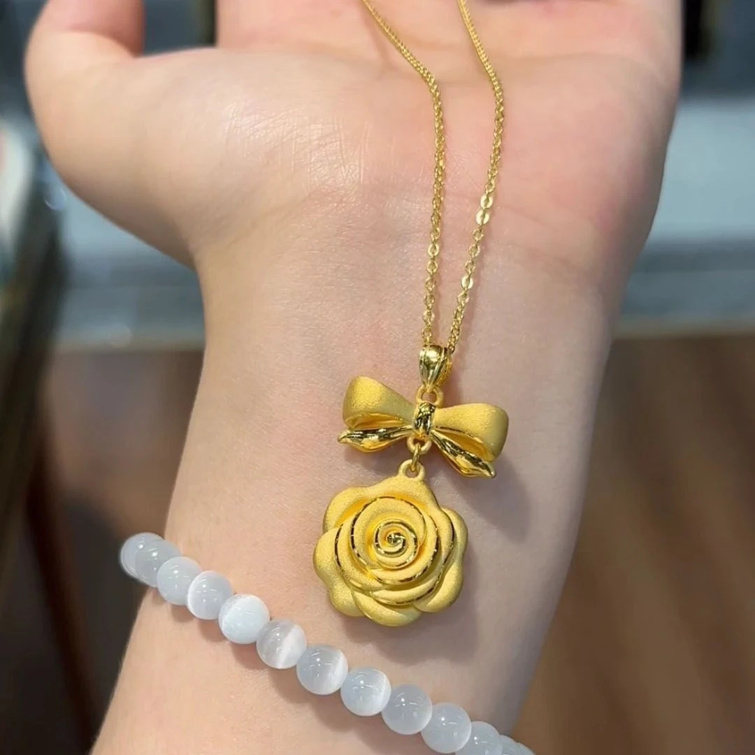 铜合金项链 轻奢甜美公主蝴蝶结项坠女玫瑰花潮流项链高级感礼物
