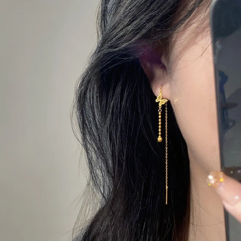 铜合金耳饰 2024新款流苏耳环蝴蝶耳线女精致耳钉百搭小众高级感