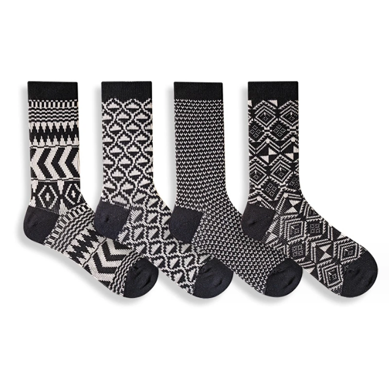 4双无骨双针双路棉中筒袜子男女ins潮创意个性春秋夏复古黑白几何