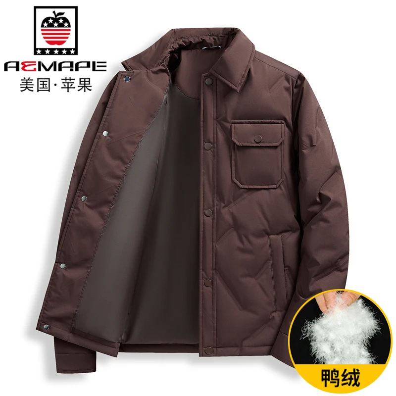 美国苹果秋冬季羽绒服男衬衫轻薄款潮牌冬装工装加厚翻领鸭绒外套
