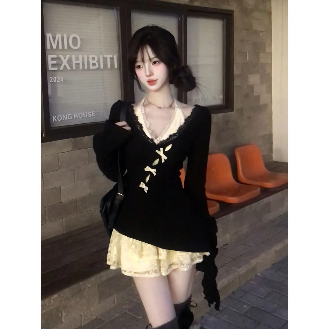 瑞茜·威瑟斯秋冬纯欲风显瘦早秋针织罩衫蕾丝内搭连衣裙两件套