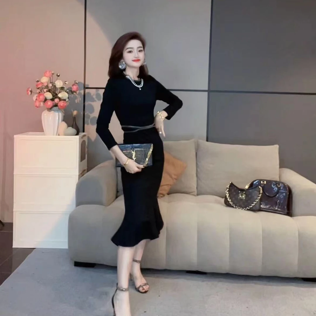 【丹丹严选】重工赫本风气质中长款鱼尾裙圆领优雅显瘦气质0822-7