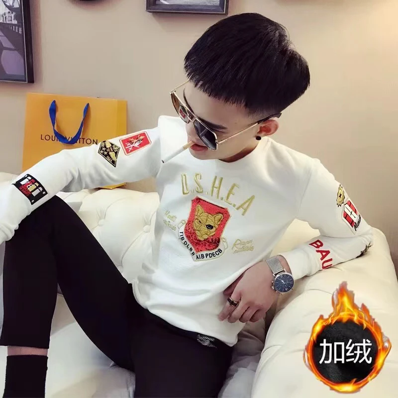 痞帅加绒印花卫衣男2025秋冬韩版潮流外套潮牌圆领上衣长袖打底衫