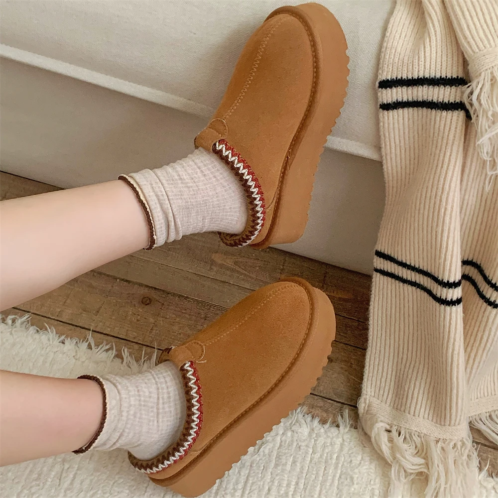 细细条 女士真牛皮羊毛民族风户外棉鞋毛绒绒软底防滑百搭半拖鞋