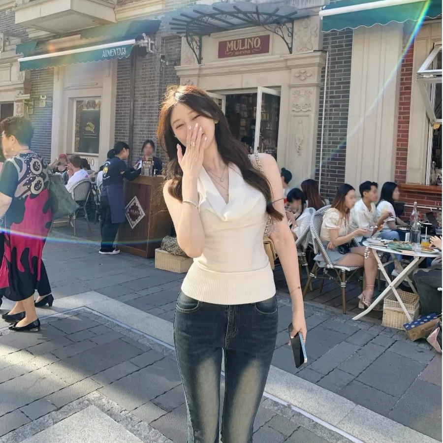 ke7en【恋综女一】挂脖针织氛围荡领露背吊带显瘦修身上衣背心