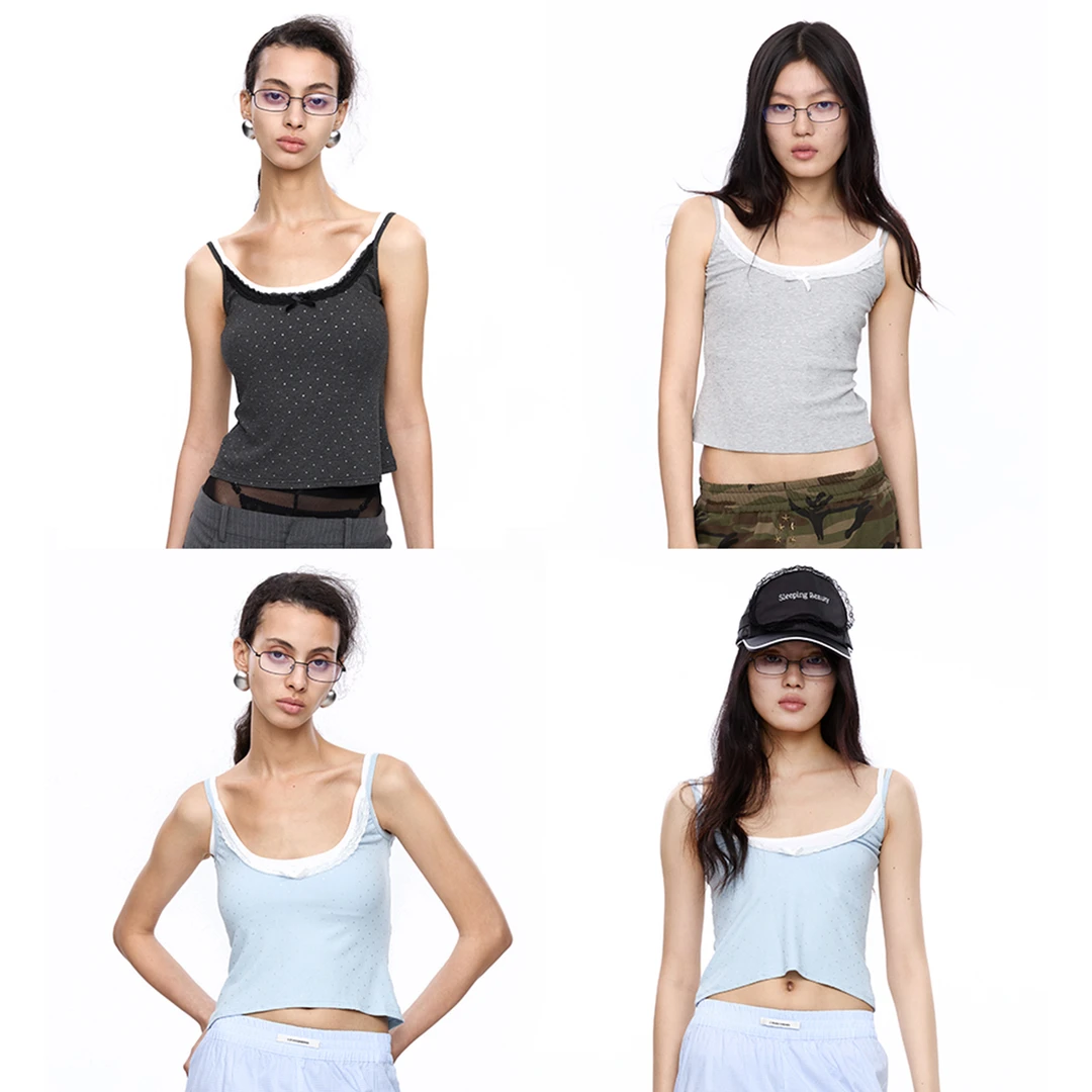 LYUOCHENG春夏波点双层蕾丝低领背心