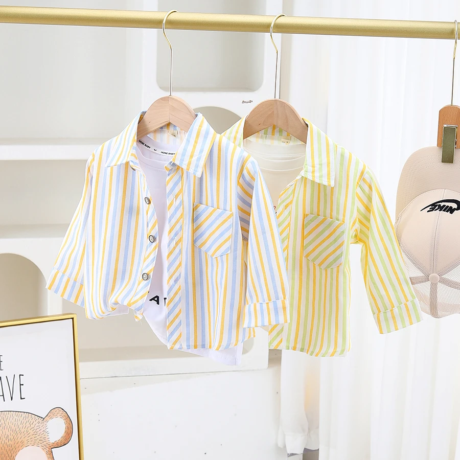 儿童纯棉衬衣【条纹控】春秋翻领韩系衬衫新款男童条纹长袖薄外套