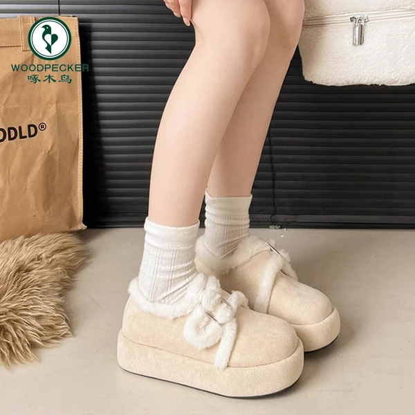 啄木鸟加绒加厚厚底棉鞋女款2024新款冬季增高保暖毛毛勃肯雪地靴