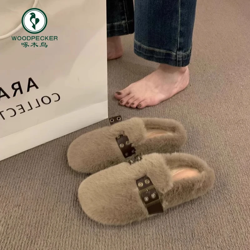 啄木鸟毛毛拖鞋女外穿2024新款秋冬季孕妇防滑居家毛绒包头棉拖鞋