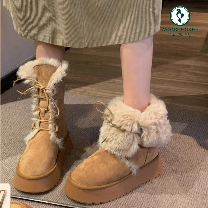 啄木鸟雪地靴女2024冬季新款毛毛靴子加厚雪地棉厚底加绒保暖棉鞋