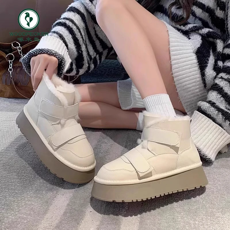 啄木鸟保暖厚底雪地靴女2024冬季新款加绒加厚东北棉鞋防滑短靴子