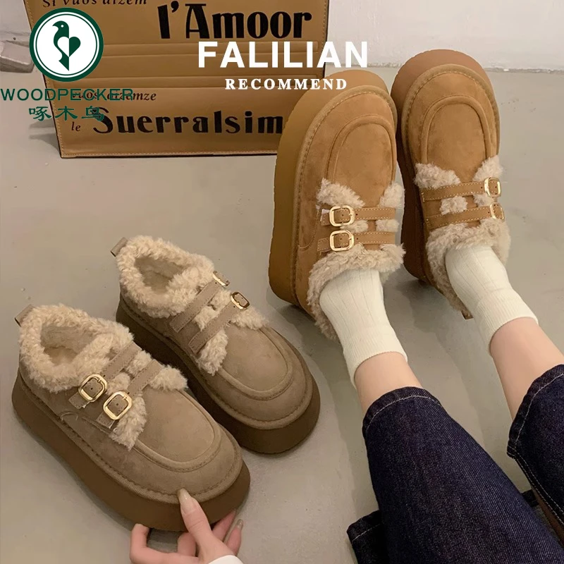 啄木鸟厚底勃肯鞋女鞋2024新款秋冬加绒面包鞋外穿棉鞋保暖雪地靴