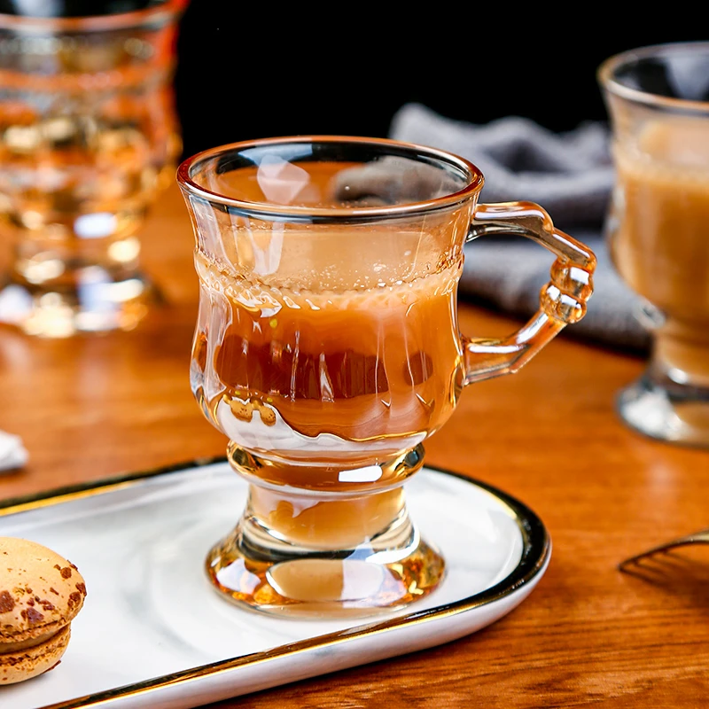 英式下午茶杯高颜值浮雕欧式复古琥珀色玻璃杯拿铁咖啡杯浓缩带把