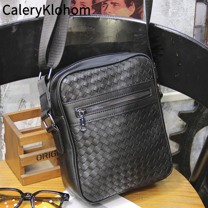 男士手工编织单肩包竖款斜挎包商务时尚小方包潮流男包