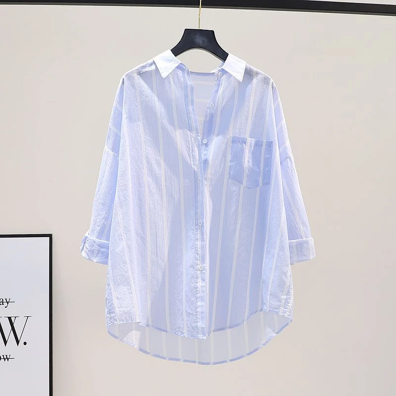 100%纯棉竖条纹长袖棉衬衫女时尚宽松休闲衬衣文艺范上衣防晒衫潮