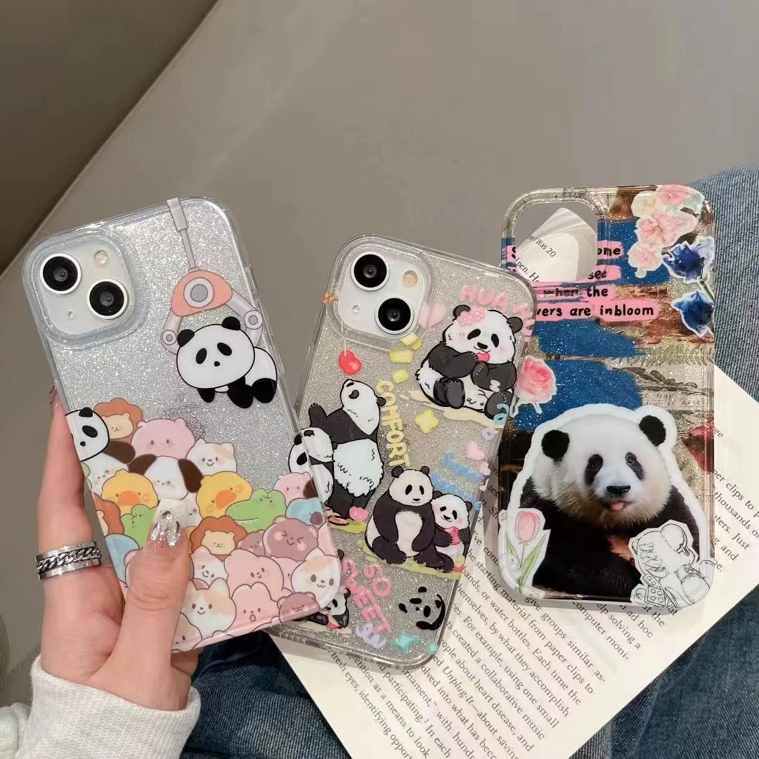 ins风闪粉大熊猫14苹果14Promax创意iPhone13Pro全包防摔手机壳