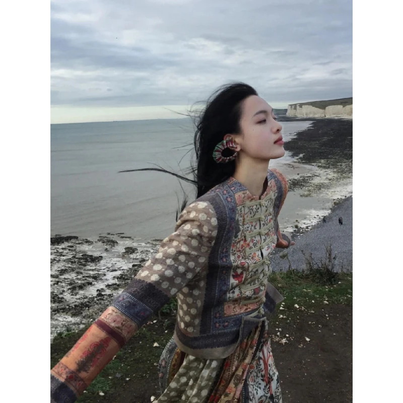 新中式套装女新款高级感民族风印花外套半身裙两件套