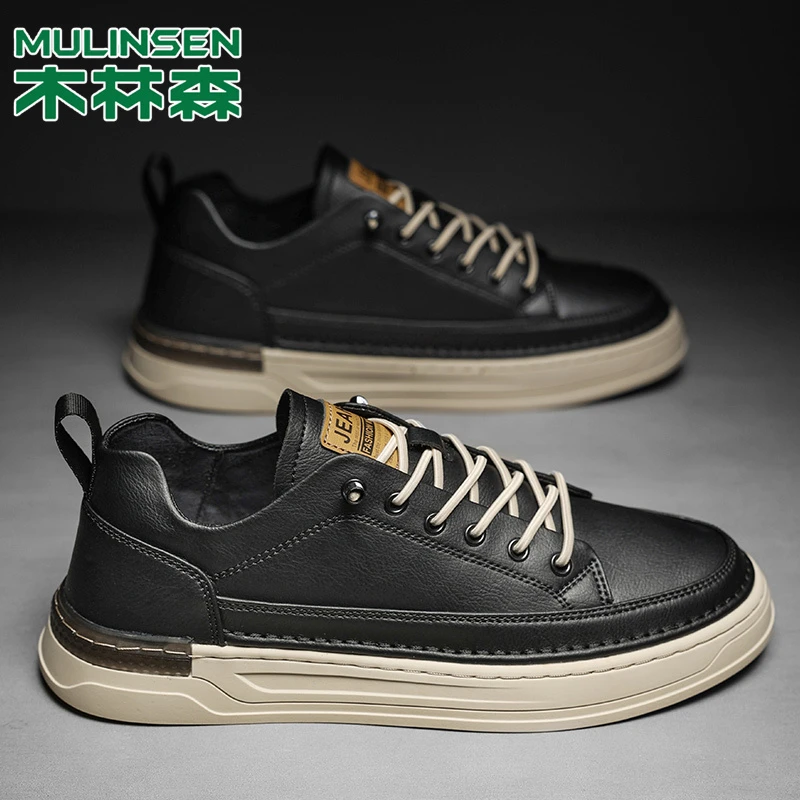 木林森男鞋春季新款男士休闲皮鞋百搭透气潮流板鞋带潮鞋黑色韩版