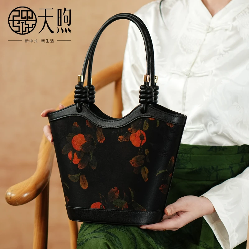 天煦非遗国风新中式国风桑蚕丝印花提花手提风单肩斜挎菜篮子包