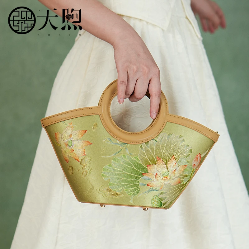 天煦新中式国风非遗桑蚕丝提花印花工艺真丝牛皮菜篮子小众轻奢包