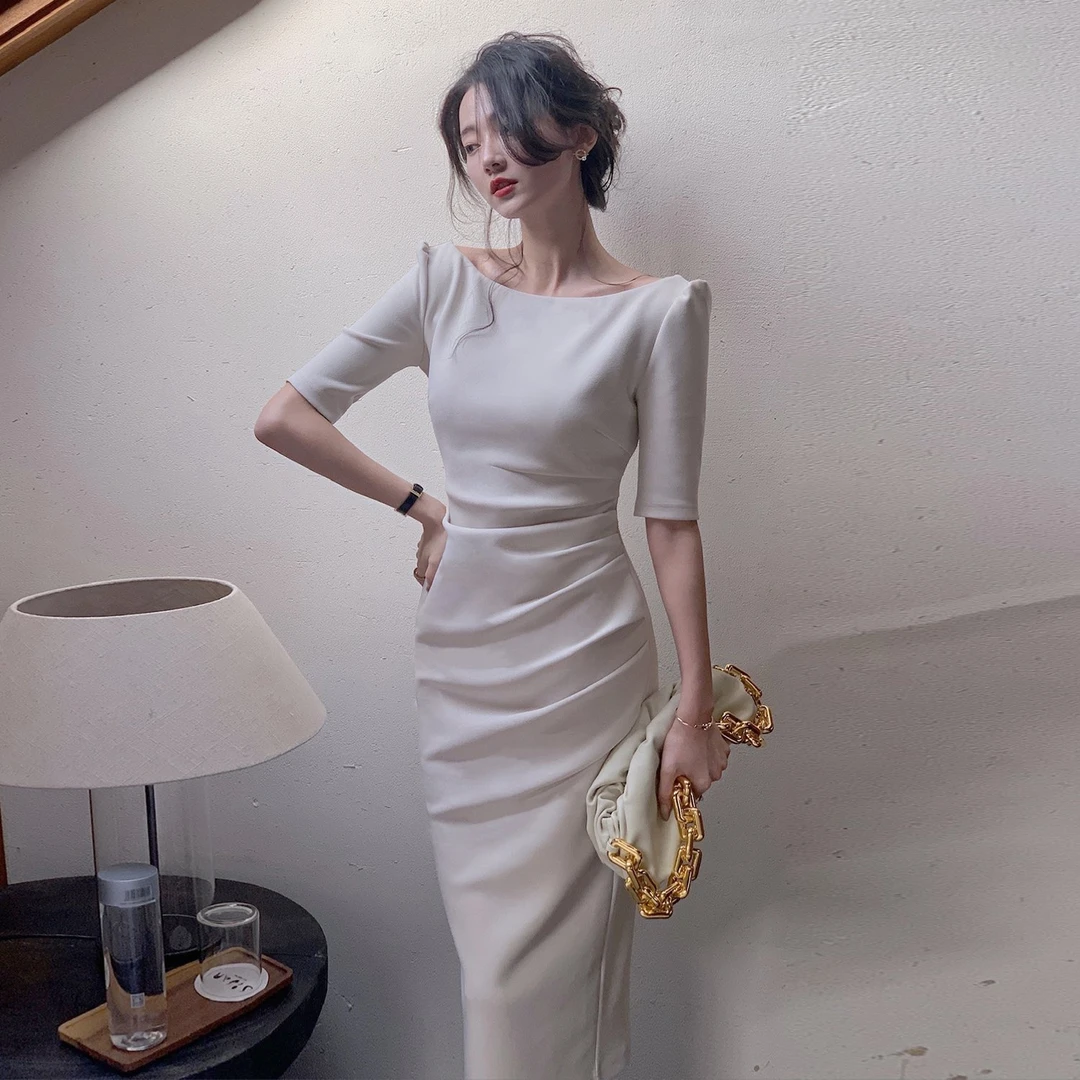 法式高级感赫本风小众设计一字肩连衣裙EQ20