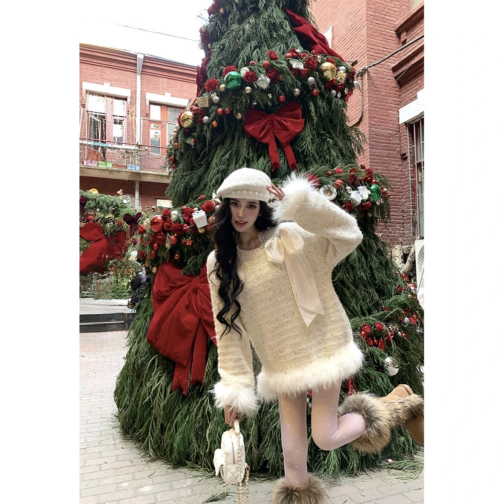 芭比姨蝴蝶结圣诞毛衣女秋冬新款宽松慵懒风拼接毛边氛围感穿EQ20