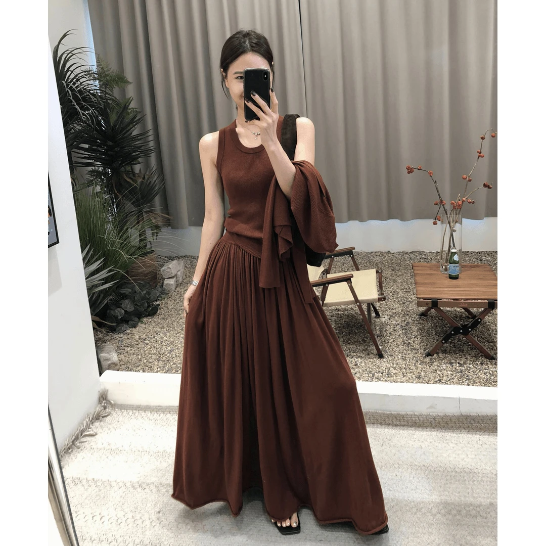 法式浪漫复古针织外套背心+显瘦高腰长裙三件套3EQ20