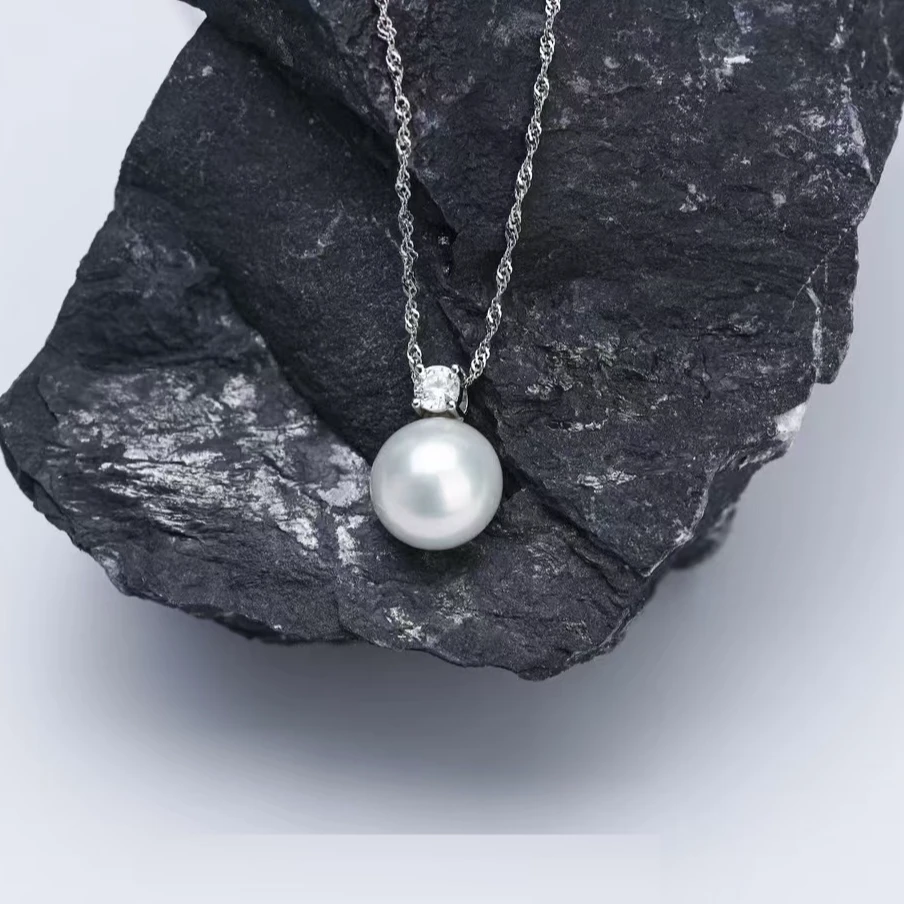 通体S925银水波链 天然淡水珍珠9-10mm经典王妃项链吊坠百搭轻奢