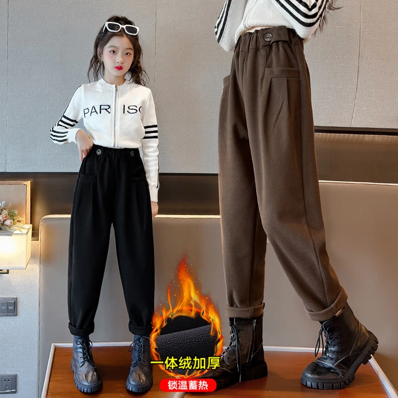 女童加绒裤子秋冬装洋气儿童宽松外穿中大童加厚一体绒毛呢哈伦裤