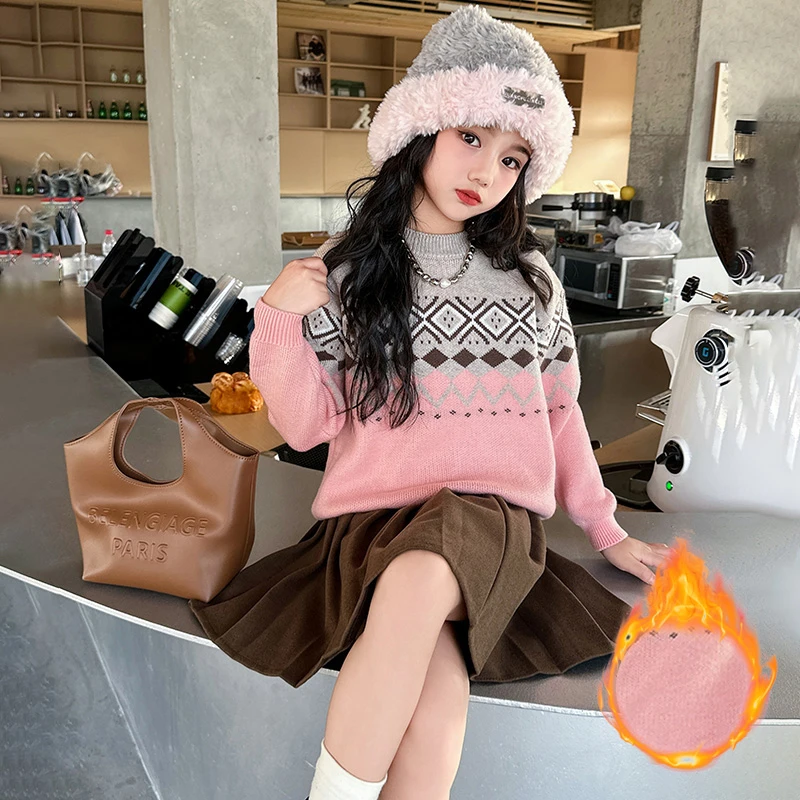 女童加绒毛衣秋冬装童装爆款洋气儿童宽松休闲连帽卫衣加厚一体绒