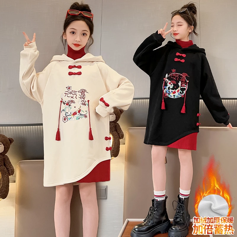 女童加绒连衣裙秋冬新款洋气儿童女孩加厚卫衣裙子冬季国风公主裙
