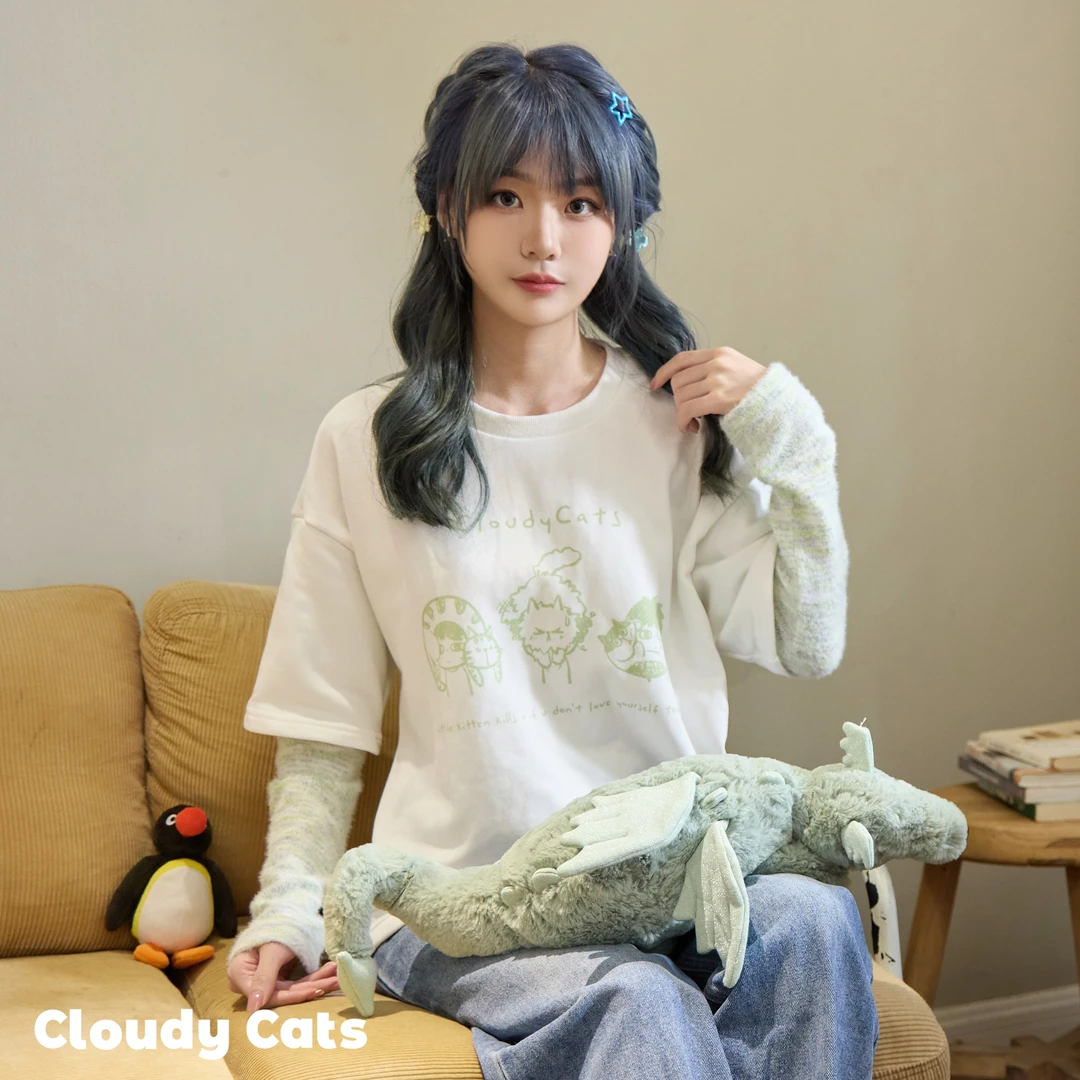 猫猫云CloudyCats假两件圆领卫衣浅绿浅紫毛绒袖子休闲宽松可爱